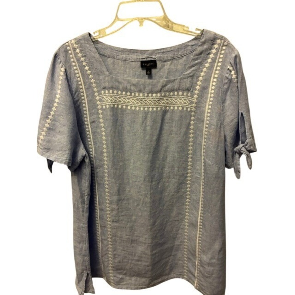 Talbots Linen Embroidered Top Womens 1X Blue Excellent Square Neck Tie Sleeve